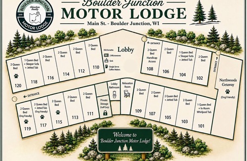 Boulder Junction Apartment | A dog friendly room with two queen beds, private bathroom with jetted tub, mini fridge, and single-serve coffee maker.