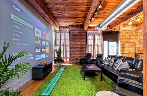 Downtown West Apartment | DWTN Loft✦160" Theater Screen✦Walk to Attractions✦Private Balcony