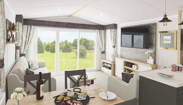 Comfortable, modern two-bedroom caravan sleeping four people.