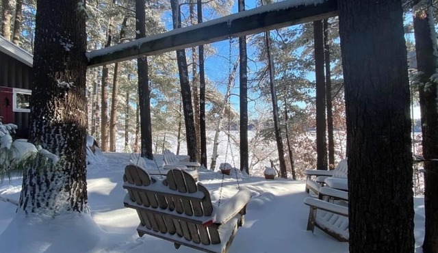 Escape to the perfect winter wonderland. picturesque cabin in towering pines.