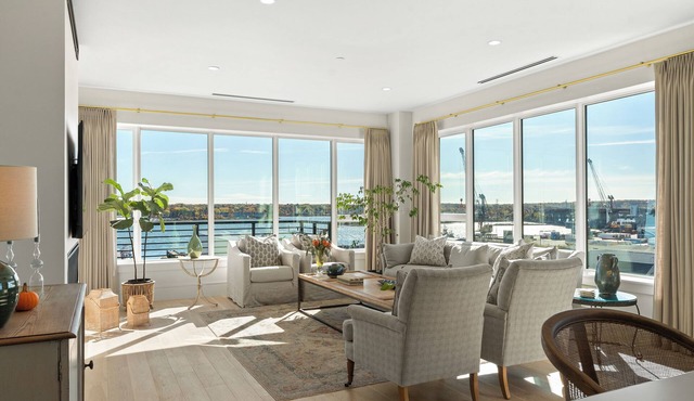 TOP-FLOOR PENTHOUSE at Hobson's Landing. Sweeping views of Portland's Harbor.